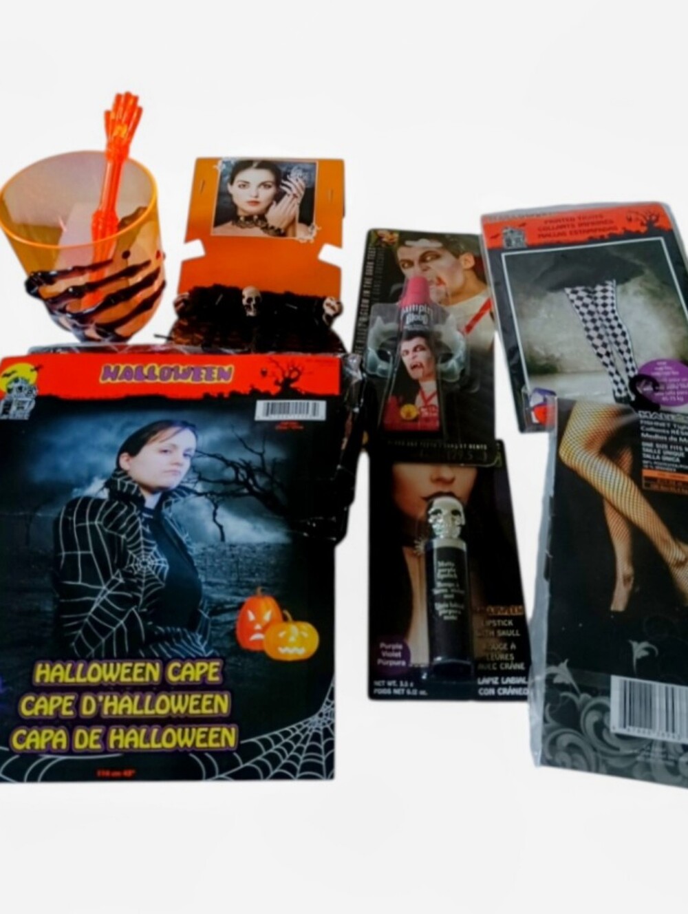 Halloween Bundle Spiderweb Cape - Black, Purple Skull Lipstick, Fidhnet Tights